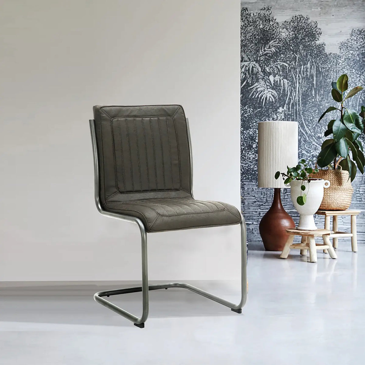 Noir Vintage Grey Leather Set of 6 Dining Chairs - Pendle Village Furniture