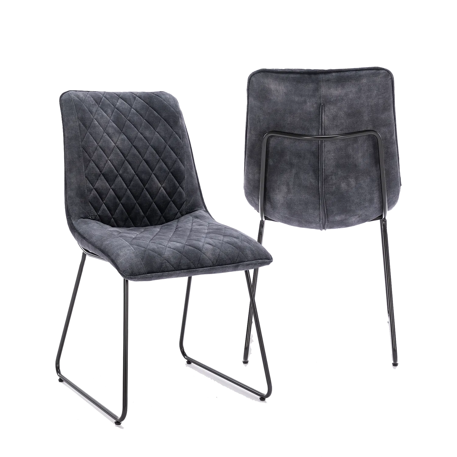 Upgrade your dining space with the Noaria Charcoal Velvet Set of 6 Dining Chairs. Featuring quilted upholstery and black iron legs for ultimate style and comfort. Charcoal Velvet Set of 4 Dining Chairs, available in Ochre, Charcoal and Green - Main Image 