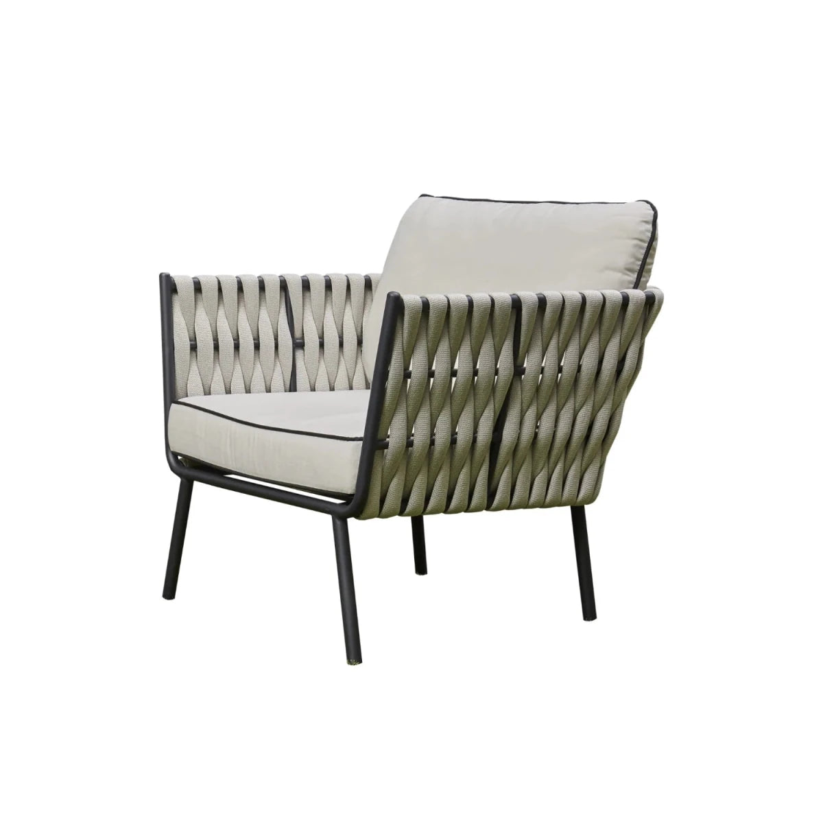 Modern patio chairs with aluminium frame and rope detail.