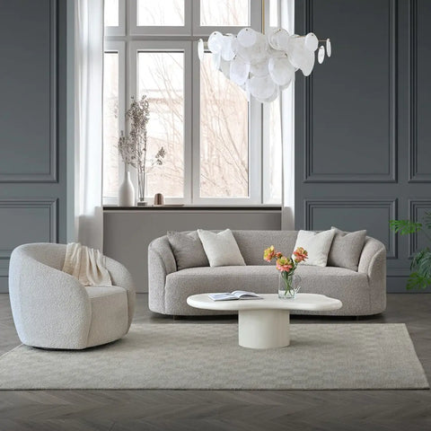 Boucle Teddy Beige Curved 3 Seater Sofa