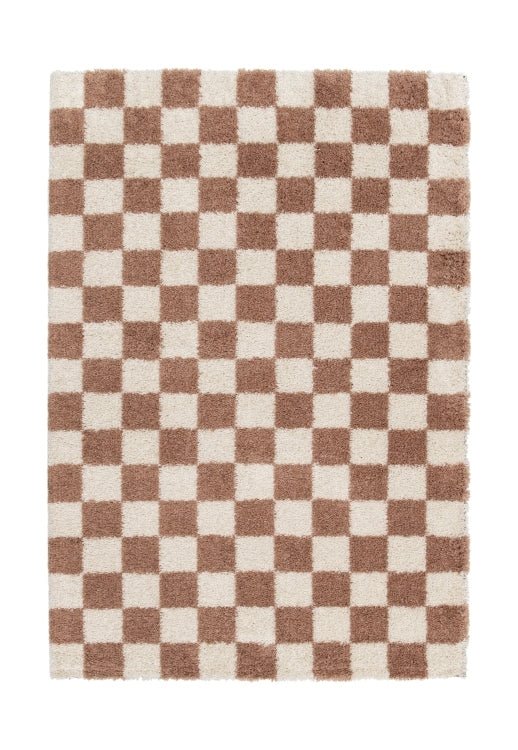 Warm earthy rug with classic check pattern design.