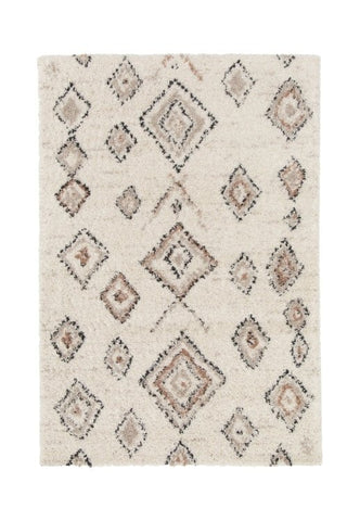 Stylish shaggy rug with geometric diamond pattern.