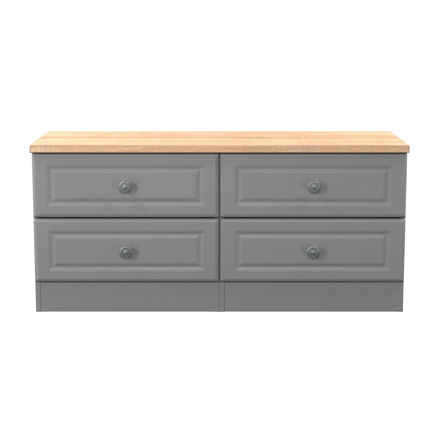 Norfolk dusk Grey 4 Drawer Bedding Box, Norfolk is a two colour tone Bedroom Furniture which has Bardilon oak top and painted base. Available in choice of 3 colours White, Kashmir and Grey. Fully Assembled. Quick Delivery -