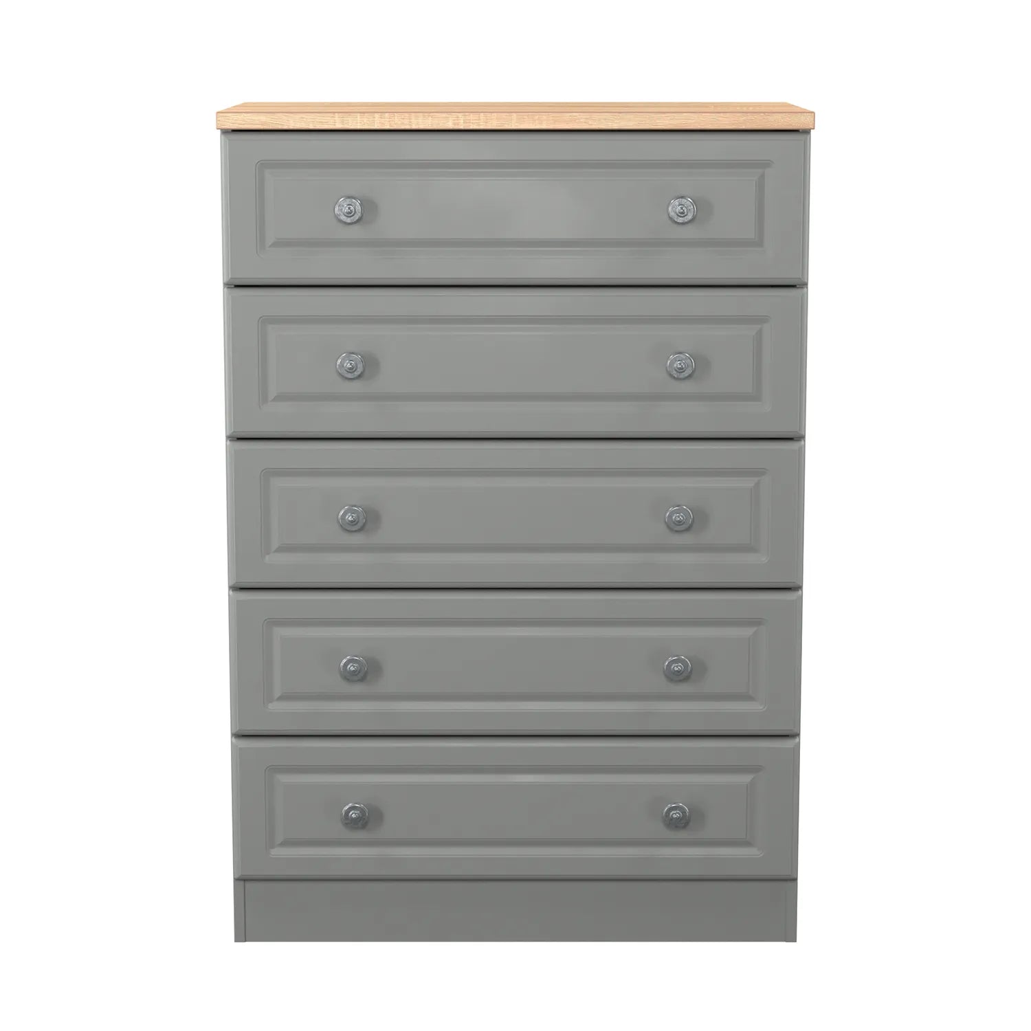 Norfolk Dusk Grey 5 Drawer Chest, Norfolk is a two colour tone Bedroom Furniture which has Bardilon oak top and painted base. Available in choice of 3 colours White, Kashmir and Grey. Fully Assembled. Quick Delivery 