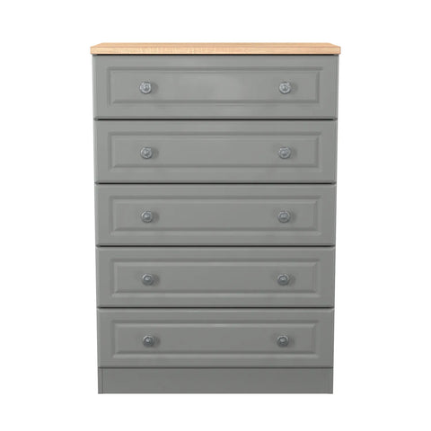 Norfolk Dusk Grey 5 Drawer Chest, Norfolk is a two colour tone Bedroom Furniture which has Bardilon oak top and painted base. Available in choice of 3 colours White, Kashmir and Grey. Fully Assembled. Quick Delivery 