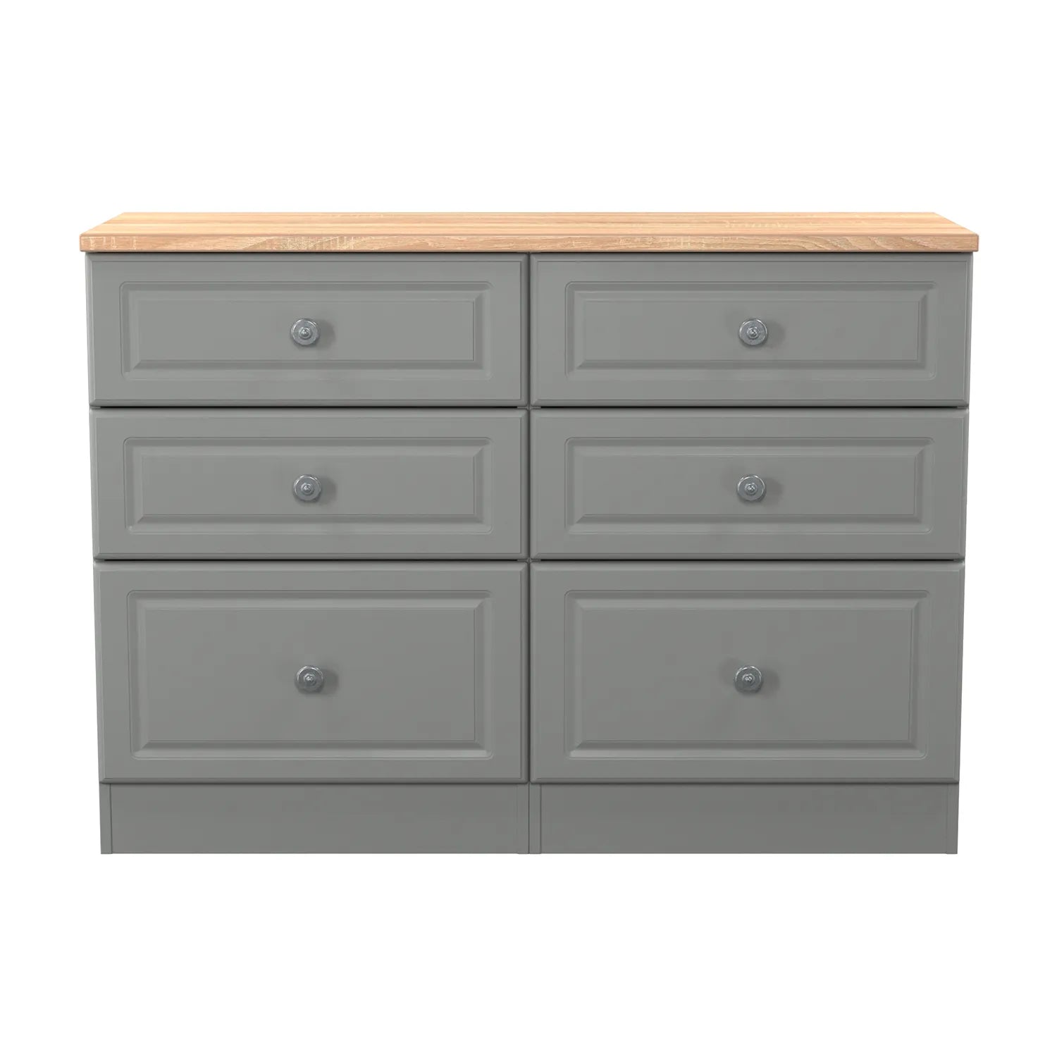 Norfolk Dusk grey 5 Drawer Chest, Norfolk is a two colour tone Bedroom Furniture which has Bardilon oak top and painted base. Available in choice of 3 colours White, Kashmir and Grey. Fully Assembled. Quick Delivery