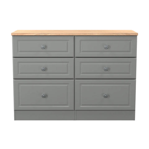 Norfolk Dusk grey 5 Drawer Chest, Norfolk is a two colour tone Bedroom Furniture which has Bardilon oak top and painted base. Available in choice of 3 colours White, Kashmir and Grey. Fully Assembled. Quick Delivery