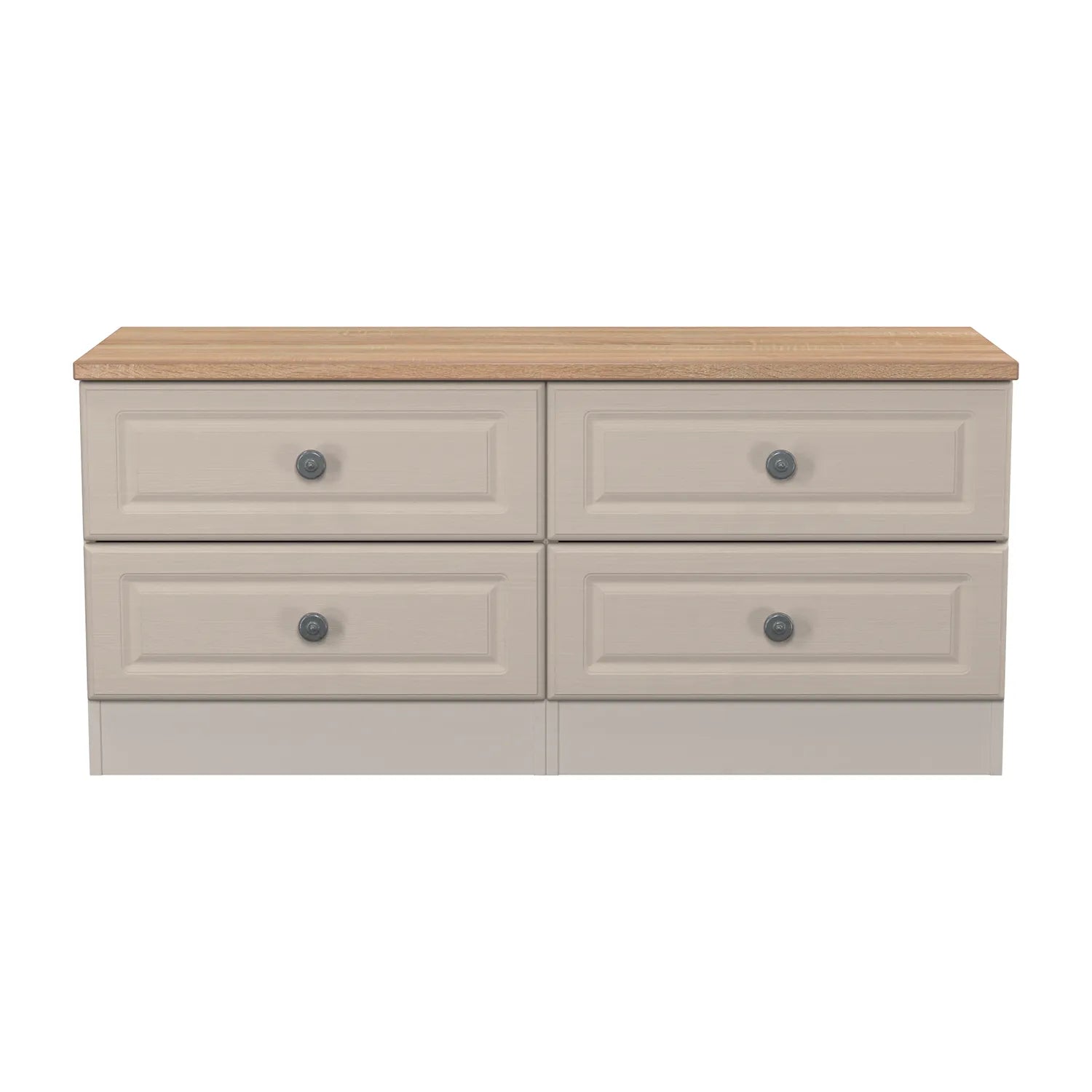 Norfolk Kashmir Ash 4 Drawer Bedding Box, Norfolk is a two colour tone Bedroom Furniture which has Bardilon oak top and painted base. Available in choice of 3 colours White, Kashmir and Grey. Fully Assembled. Quick Delivery 