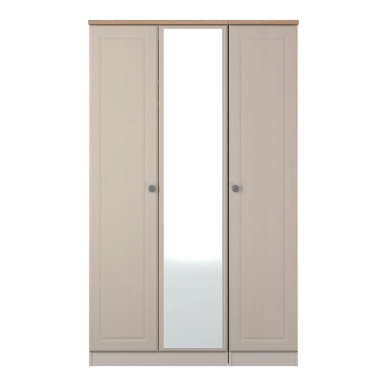 Norfolk Kashmir Ash 3 Door Hinged Wardrobe with Mirror, Available in Choice of 3 Colours, White, Grey and Kashmir and features Bardolino Oak Top, Free Quick Delivery. Ready Assembled 