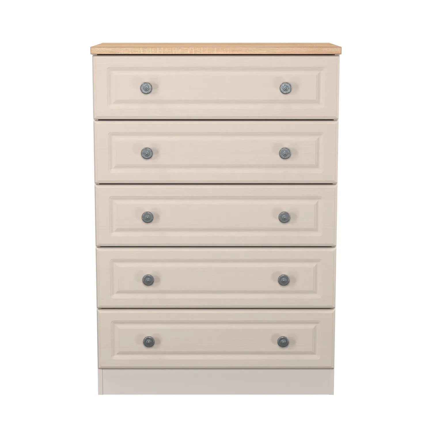 Norfolk Kashmir Ash 5 Drawer Chest, Norfolk is a two colour tone Bedroom Furniture which has Bardilon oak top and painted base. Available in choice of 3 colours White, Kashmir and Grey. Fully Assembled. Quick Delivery 