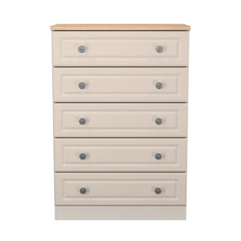 Norfolk Kashmir Ash 5 Drawer Chest, Norfolk is a two colour tone Bedroom Furniture which has Bardilon oak top and painted base. Available in choice of 3 colours White, Kashmir and Grey. Fully Assembled. Quick Delivery 