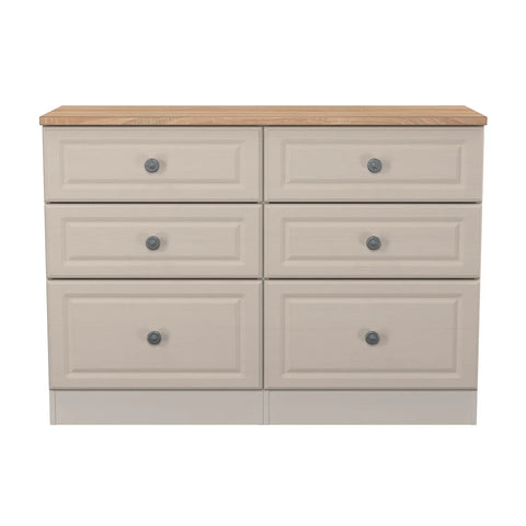 Norfolk Kashmir Ash 5 Drawer Chest, Norfolk is a two colour tone Bedroom Furniture which has Bardilon oak top and painted base. Available in choice of 3 colours White, Kashmir and Grey. Fully Assembled. Quick Delivery