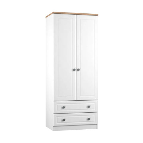 Norfolk White Ash 2 Door Hinged Wardrobe with 2 Drawers at the Bottom, Available in Choice of 3 Colours, White, Grey and Kashmir and features Bardolino Oak Top, Free Quick Delivery. Ready Assembled  - Angle View