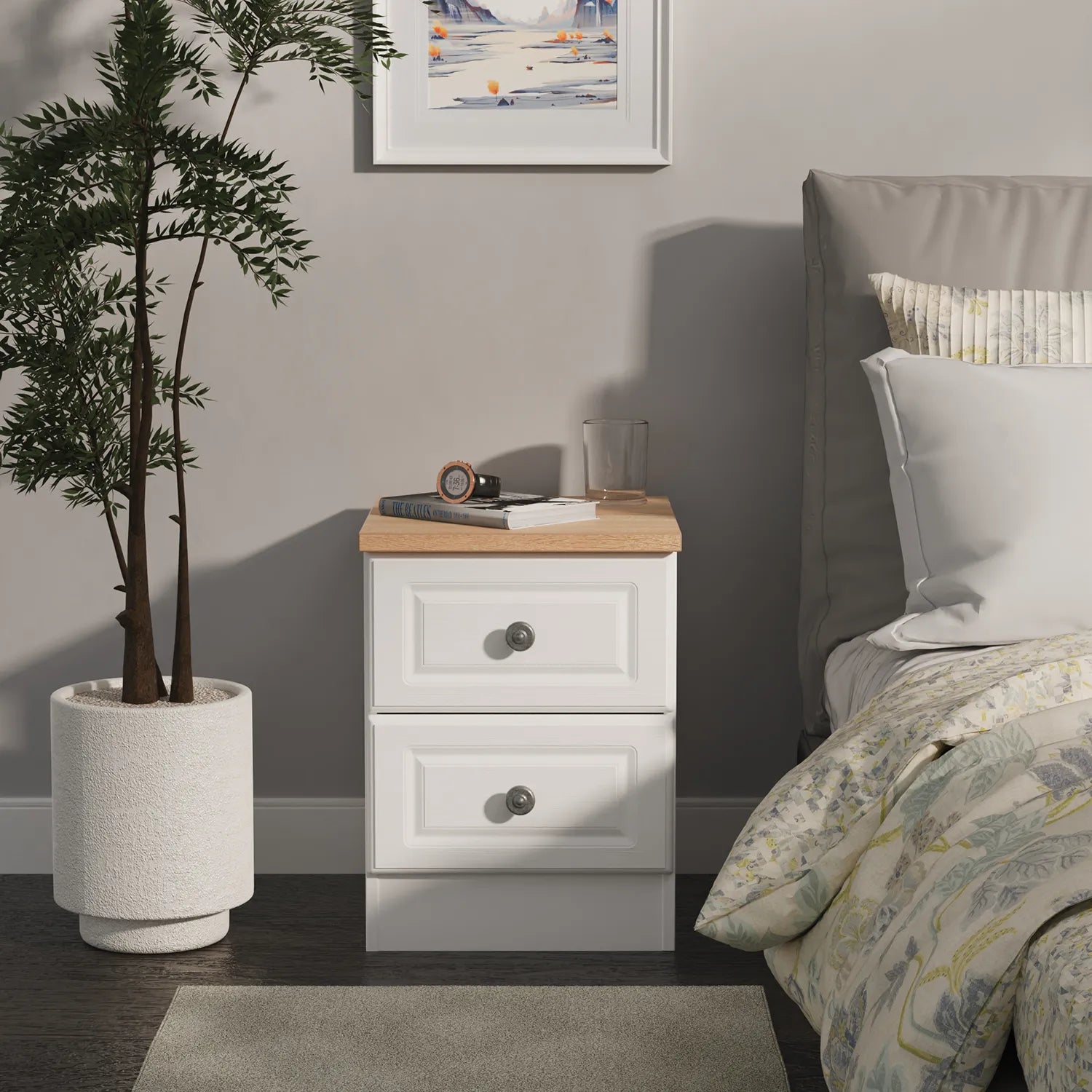 Norfolk 2 Drawer Bedside Cabinet, Bardolino Oak Top With Painted White Base - Available in choice of 3 Colours , White Ash, Kashmir Ash and dusk Grey - Lifestyle Image