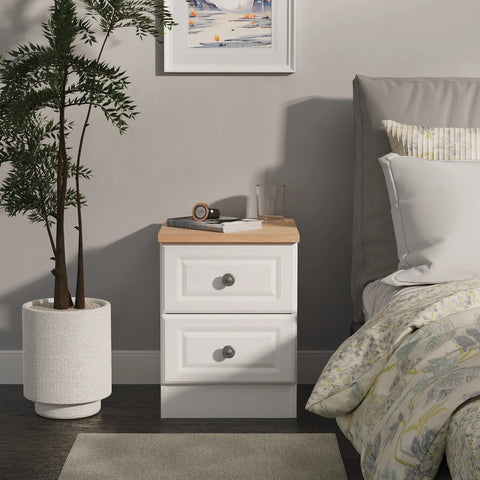 Norfolk 2 Drawer Bedside Cabinet, Bardolino Oak Top With Painted White Base - Available in choice of 3 Colours , White Ash, Kashmir Ash and dusk Grey - Lifestyle Image