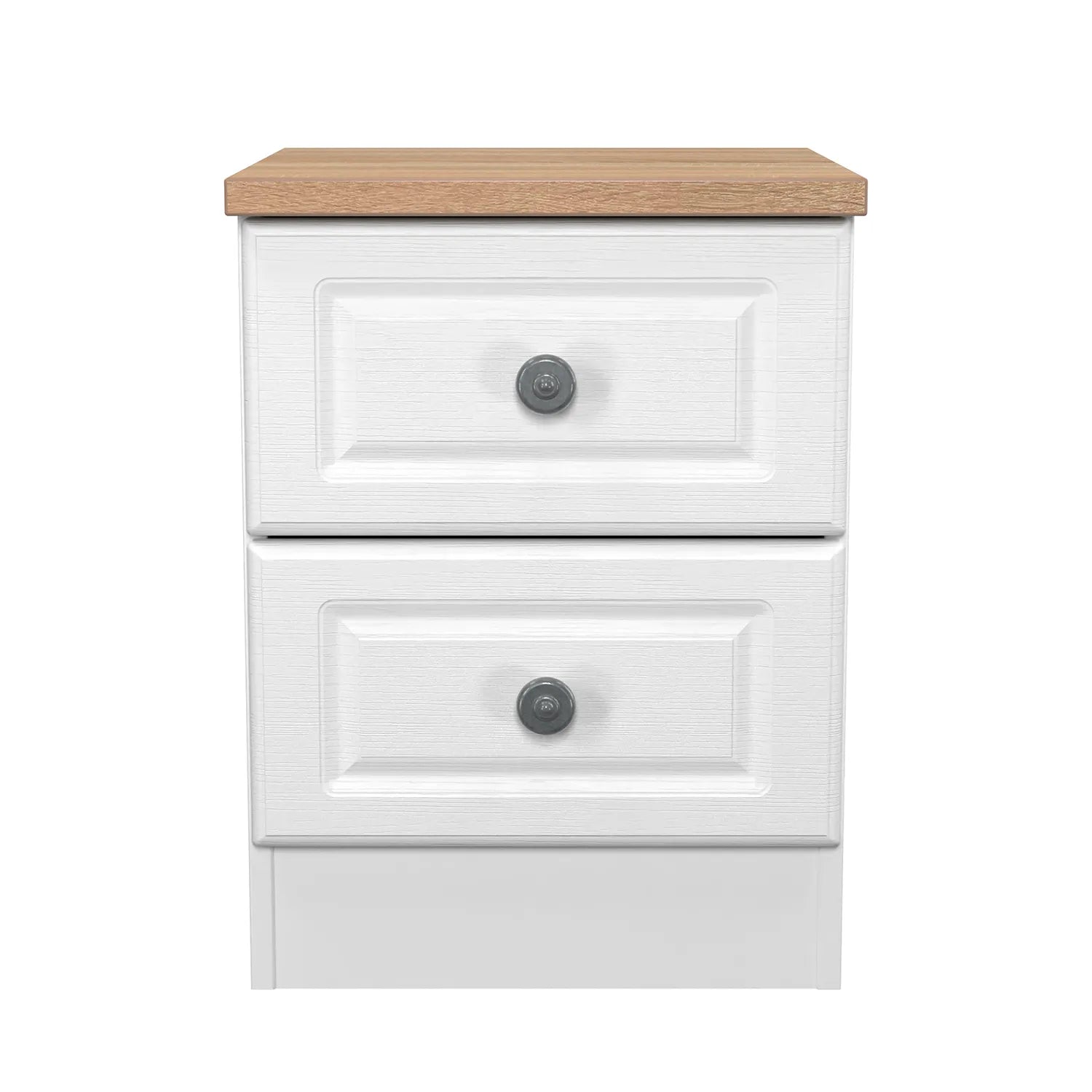 Norfolk 2 Drawer Bedside Cabinet, Bardolino Oak Top With Painted White Base - Available in choice of 3 Colours , White Ash, Kashmir Ash and dusk Grey - Front View