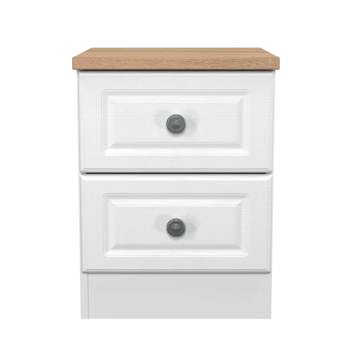 Norfolk 2 Drawer Bedside Cabinet, Bardolino Oak Top With Painted White Base - Available in choice of 3 Colours , White Ash, Kashmir Ash and dusk Grey - Front View