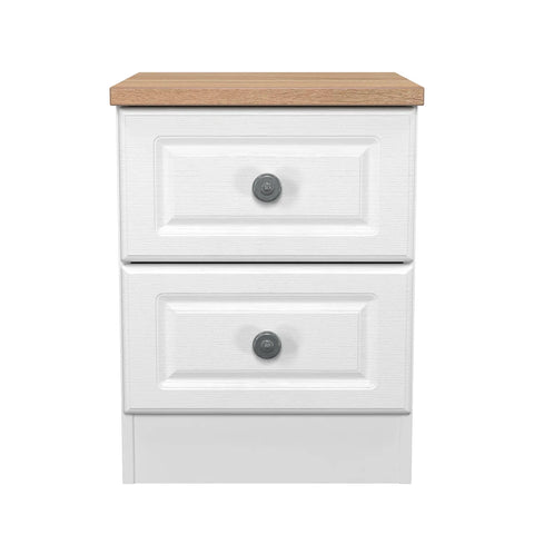 Norfolk 2 Drawer Bedside Cabinet, Bardolino Oak Top With Painted White Base - Available in choice of 3 Colours , White Ash, Kashmir Ash and dusk Grey - Front View
