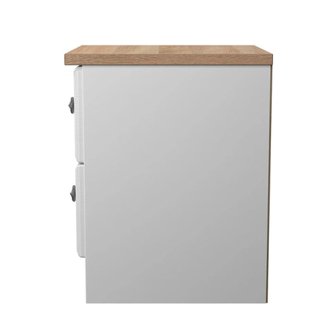 Norfolk 2 Drawer Bedside Cabinet, Bardolino Oak Top With Painted White Base - Available in choice of 3 Colours , White Ash, Kashmir Ash and dusk Grey - Side View