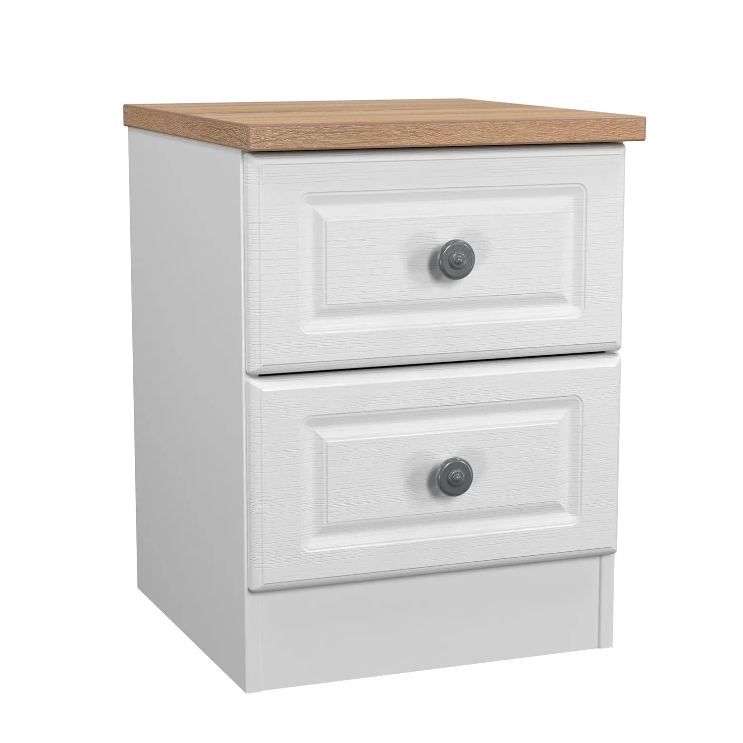 Norfolk 2 Drawer Bedside Cabinet, Bardolino Oak Top With Painted White Base - Available in choice of 3 Colours , White Ash, Kashmir Ash and dusk Grey - Main