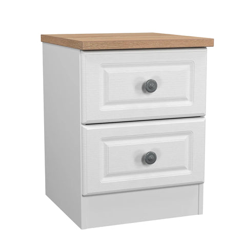 Norfolk 2 Drawer Bedside Cabinet, Bardolino Oak Top With Painted White Base - Available in choice of 3 Colours , White Ash, Kashmir Ash and dusk Grey - Main