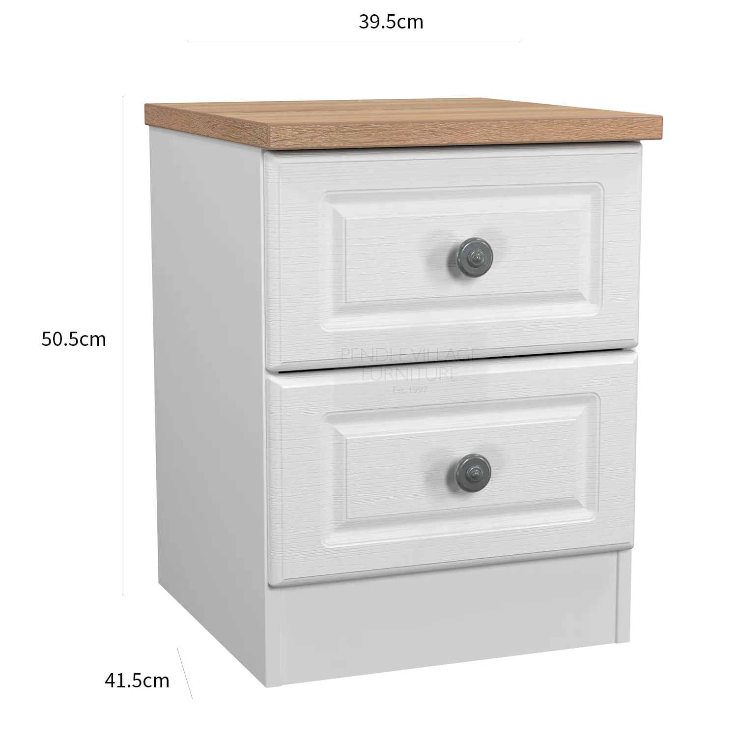 Norfolk 2 Drawer Bedside Cabinet, Bardolino Oak Top With Painted White Base - Available in choice of 3 Colours , White Ash, Kashmir Ash and dusk Grey - Dimensions