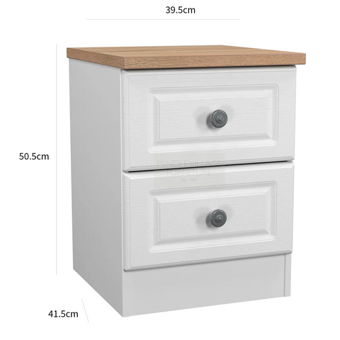 Norfolk 2 Drawer Bedside Cabinet, Bardolino Oak Top With Painted White Base - Available in choice of 3 Colours , White Ash, Kashmir Ash and dusk Grey - Dimensions