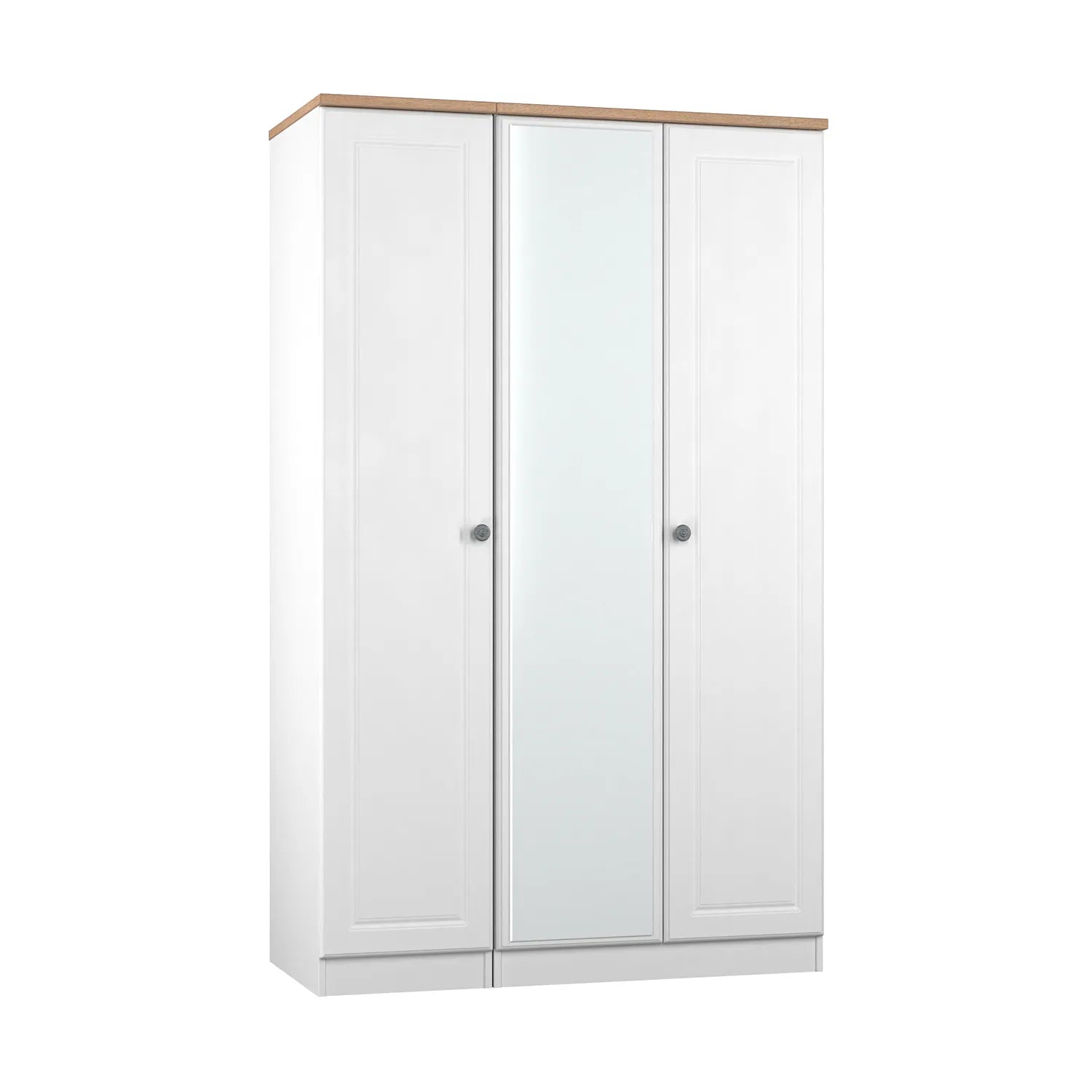 Norfolk White Ash 3 Door Hinged Wardrobe with Mirror, Available in Choice of 3 Colours, White, Grey and Kashmir and features Bardolino Oak Top, Free Quick Delivery. Ready Assembled  - Angled View