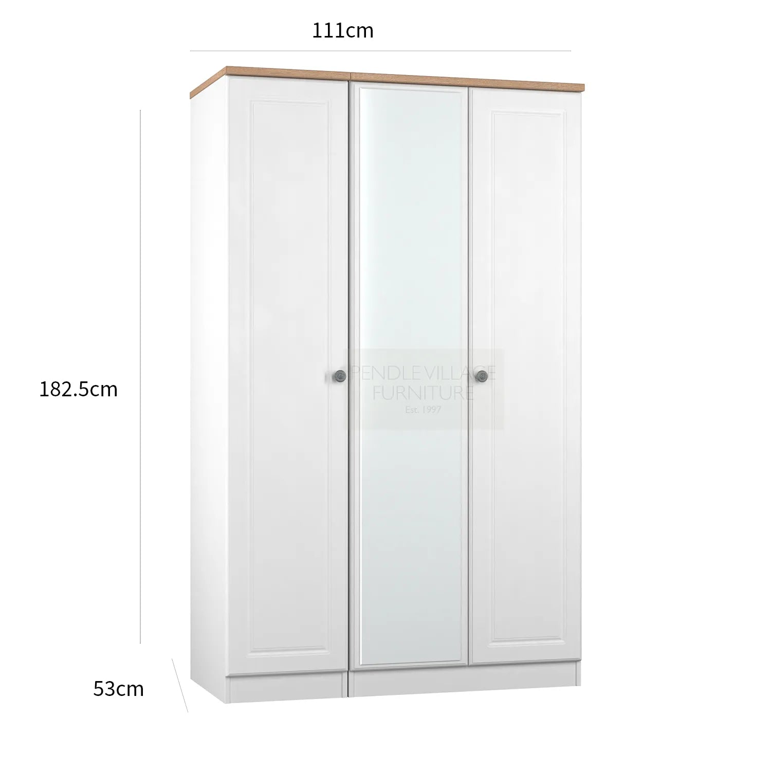 Norfolk White Ash 3 Door Hinged Wardrobe with Mirror, Available in Choice of 3 Colours, White, Grey and Kashmir and features Bardolino Oak Top, Free Quick Delivery. Ready Assembled - Dimensions 