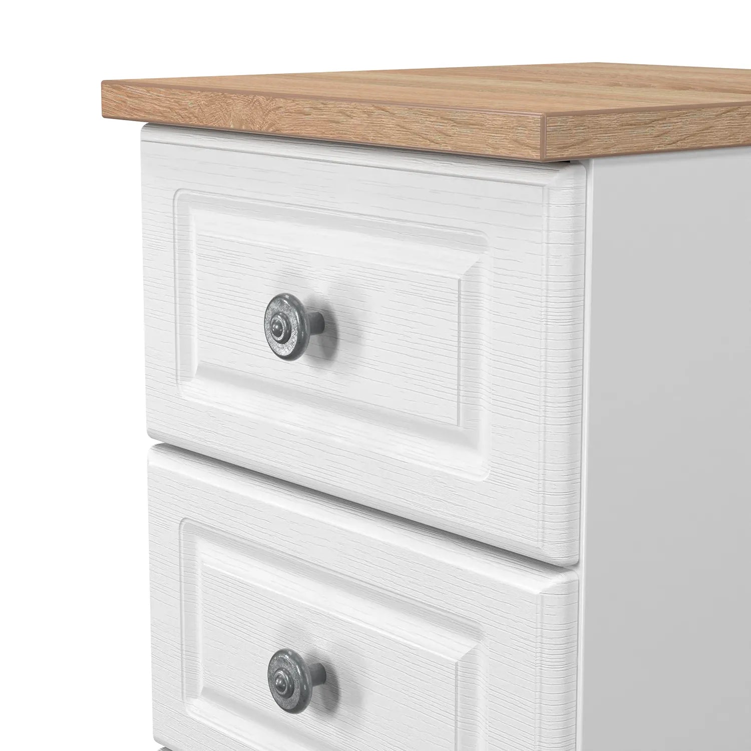 Norfolk 2 Drawer Bedside Cabinet, Bardolino Oak Top With Painted White Base - Available in choice of 3 Colours , White Ash, Kashmir Ash and dusk Grey  - Close up