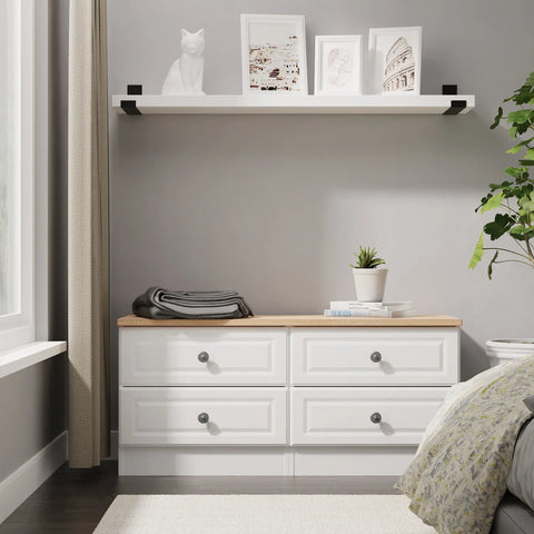 Norfolk White Ash 4 Drawer Bedding Box, Norfolk is a two colour tone Bedroom Furniture which has Bardilon oak top and painted base. Available in choice of 3 colours White, Kashmir and Grey. Fully Assembled. Quick Delivery - Lifestyle Image