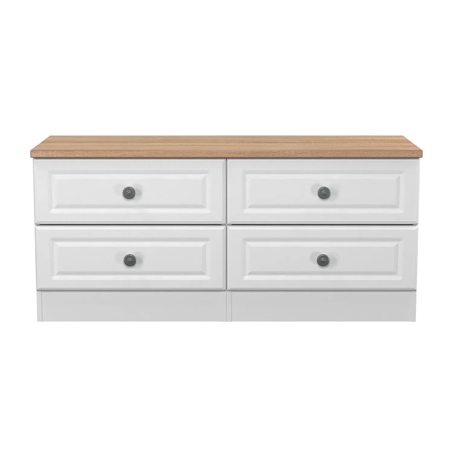 Norfolk White Ash 4 Drawer Bedding Box, Norfolk is a two colour tone Bedroom Furniture which has Bardilon oak top and painted base. Available in choice of 3 colours White, Kashmir and Grey. Fully Assembled. Quick Delivery - Front View