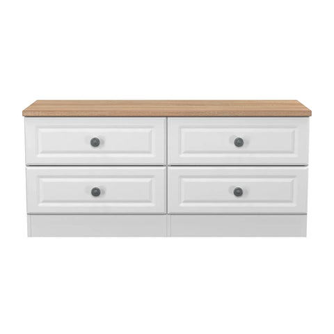 Norfolk White Ash 4 Drawer Bedding Box, Norfolk is a two colour tone Bedroom Furniture which has Bardilon oak top and painted base. Available in choice of 3 colours White, Kashmir and Grey. Fully Assembled. Quick Delivery - Front View