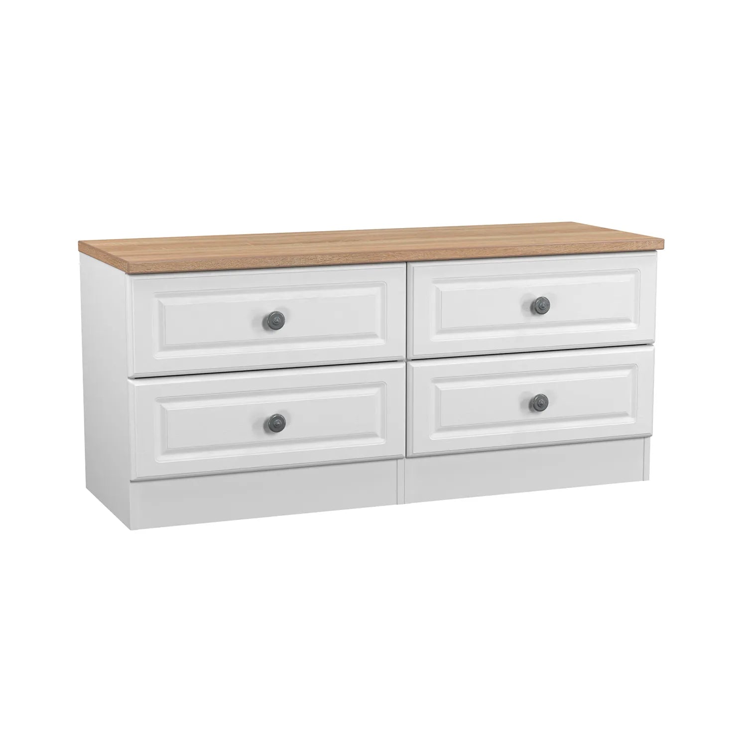 Norfolk White Ash 4 Drawer Bedding Box, Norfolk is a two colour tone Bedroom Furniture which has Bardilon oak top and painted base. Available in choice of 3 colours White, Kashmir and Grey. Fully Assembled. Quick Delivery - Main