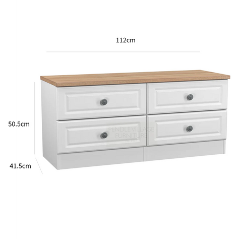 Norfolk White Ash 4 Drawer Bedding Box, Norfolk is a two colour tone Bedroom Furniture which has Bardilon oak top and painted base. Available in choice of 3 colours White, Kashmir and Grey. Fully Assembled. Quick Delivery - Dimensions 