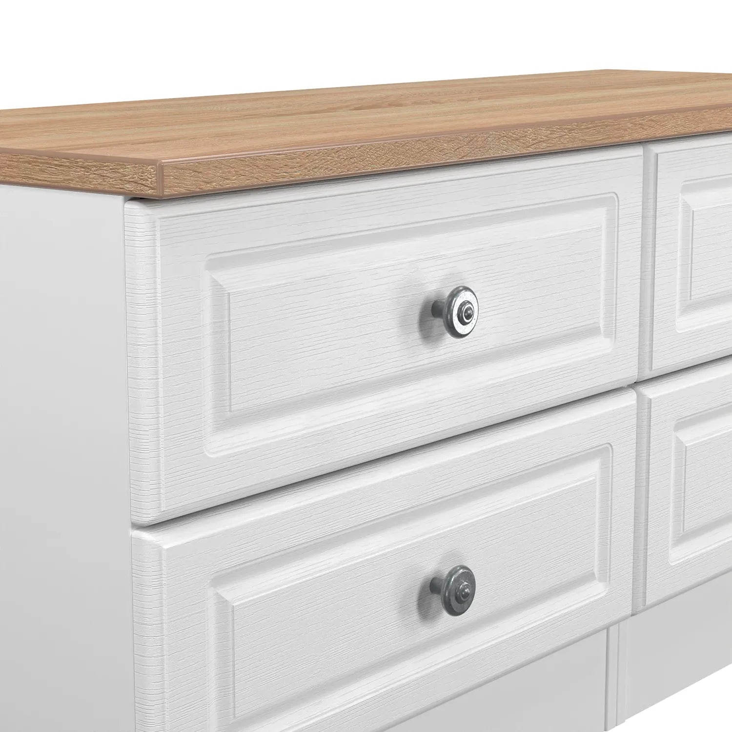 Norfolk White Ash 4 Drawer Bedding Box, Norfolk is a two colour tone Bedroom Furniture which has Bardilon oak top and painted base. Available in choice of 3 colours White, Kashmir and Grey. Fully Assembled. Quick Delivery - Close Up