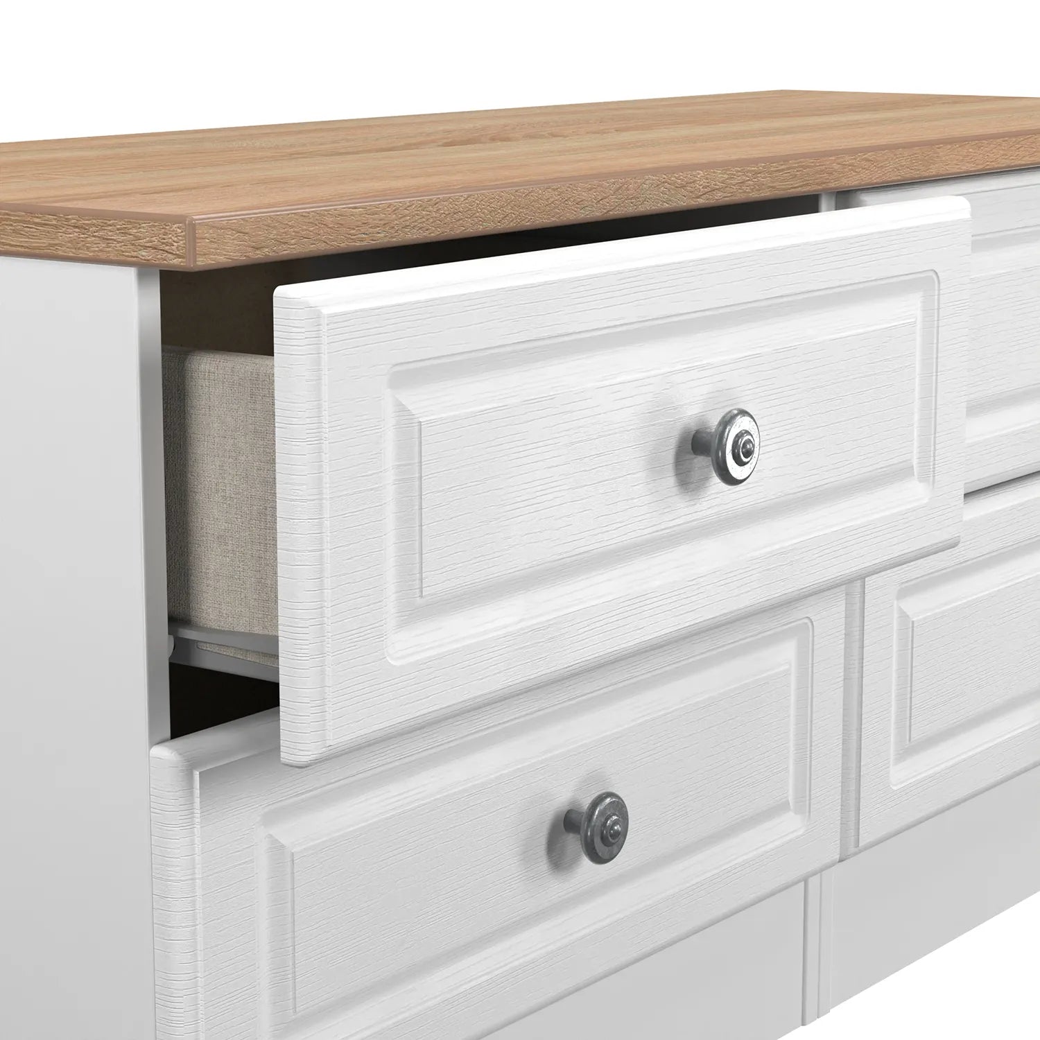 Norfolk White Ash 4 Drawer Bedding Box, Norfolk is a two colour tone Bedroom Furniture which has Bardilon oak top and painted base. Available in choice of 3 colours White, Kashmir and Grey. Fully Assembled. Quick Delivery - Drawer 