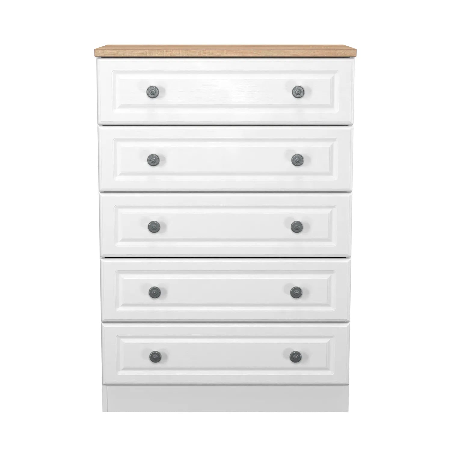 Norfolk White Ash 5 Drawer Chest, Norfolk is a two colour tone Bedroom Furniture which has Bardilon oak top and painted base. Available in choice of 3 colours White, Kashmir and Grey. Fully Assembled. Quick Delivery - Front View