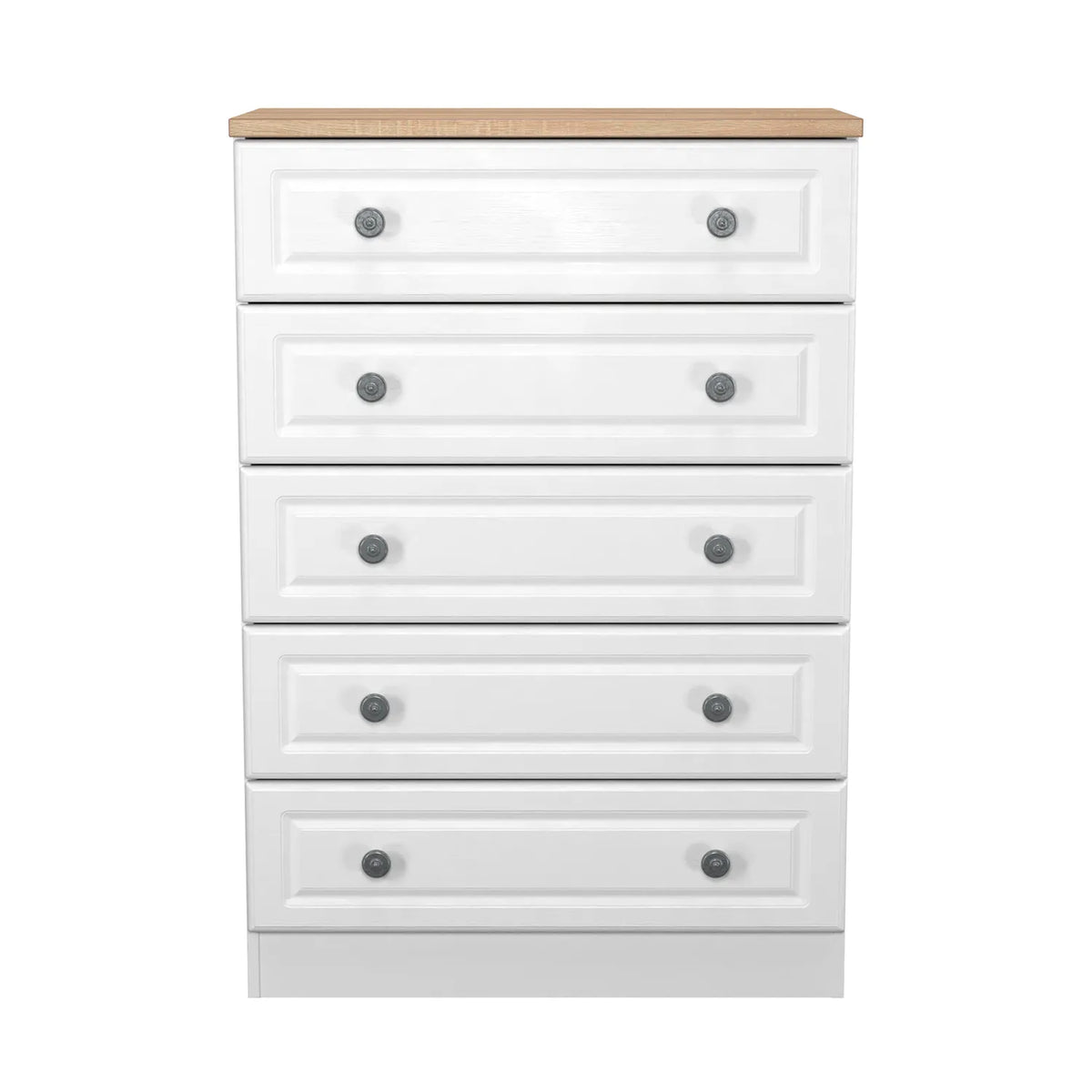 Norfolk White Ash 5 Drawer Chest, Norfolk is a two colour tone Bedroom Furniture which has Bardilon oak top and painted base. Available in choice of 3 colours White, Kashmir and Grey. Fully Assembled. Quick Delivery - Front View