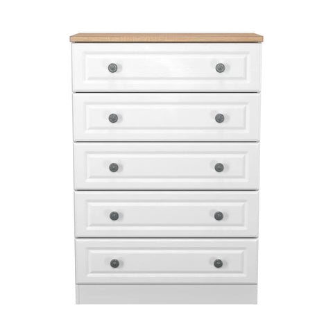 Norfolk White Ash 5 Drawer Chest, Norfolk is a two colour tone Bedroom Furniture which has Bardilon oak top and painted base. Available in choice of 3 colours White, Kashmir and Grey. Fully Assembled. Quick Delivery - Front View