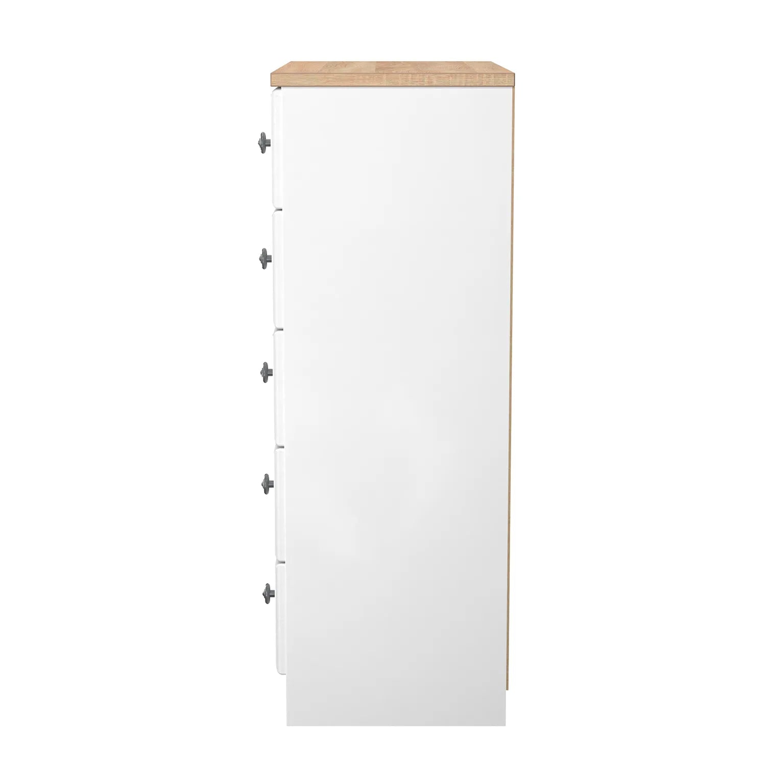 Norfolk White Ash 5 Drawer Chest, Norfolk is a two colour tone Bedroom Furniture which has Bardilon oak top and painted base. Available in choice of 3 colours White, Kashmir and Grey. Fully Assembled. Quick Delivery - Side View
