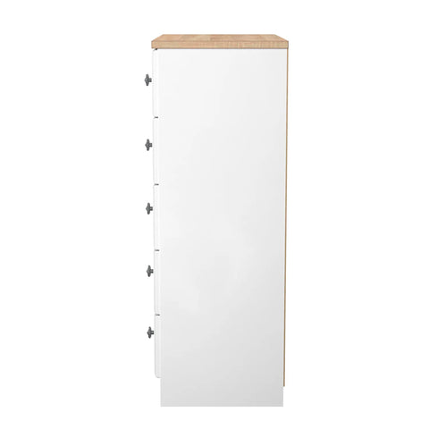 Norfolk White Ash 5 Drawer Chest, Norfolk is a two colour tone Bedroom Furniture which has Bardilon oak top and painted base. Available in choice of 3 colours White, Kashmir and Grey. Fully Assembled. Quick Delivery - Side View