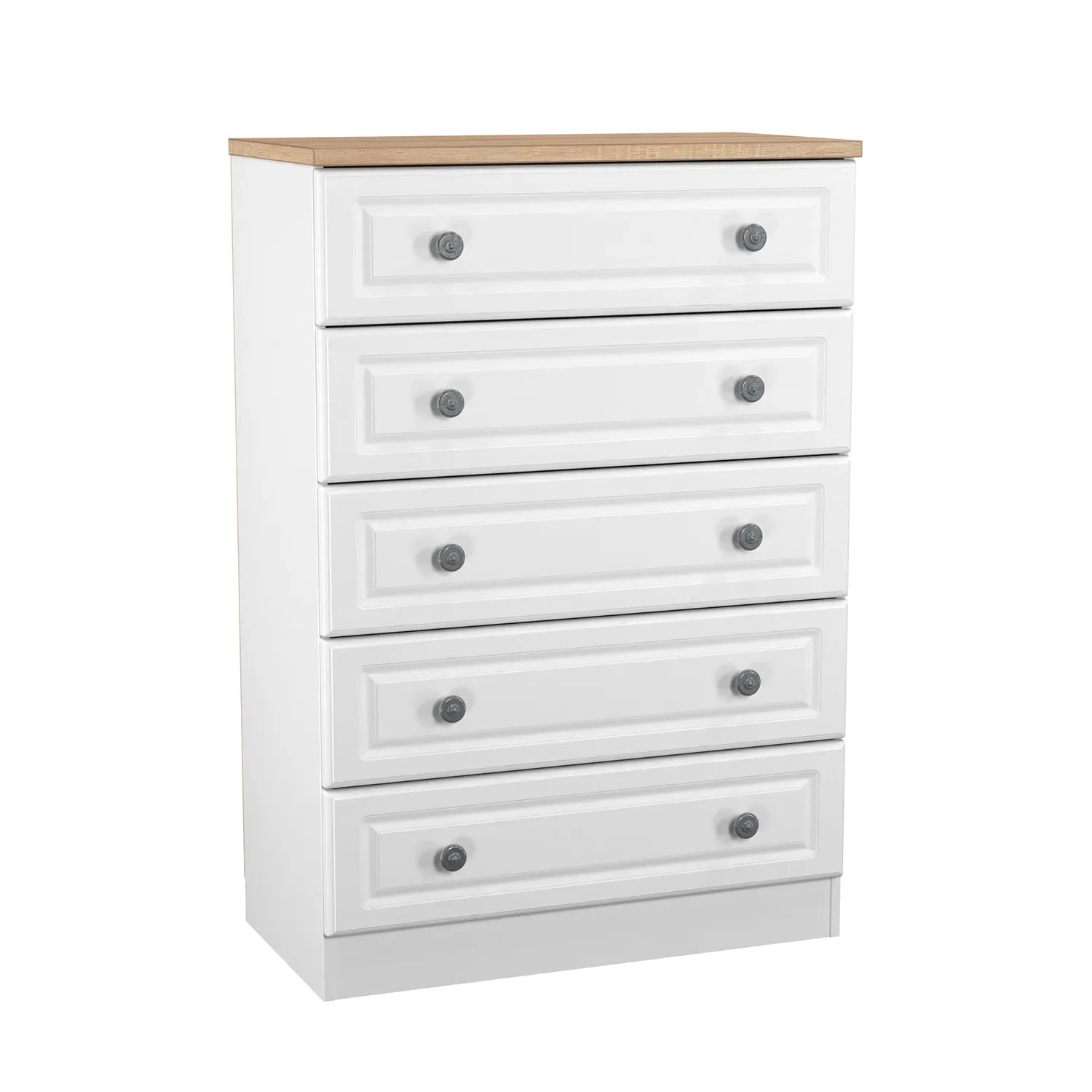 Norfolk White Ash 5 Drawer Chest, Norfolk is a two colour tone Bedroom Furniture which has Bardilon oak top and painted base. Available in choice of 3 colours White, Kashmir and Grey. Fully Assembled. Quick Delivery - Main