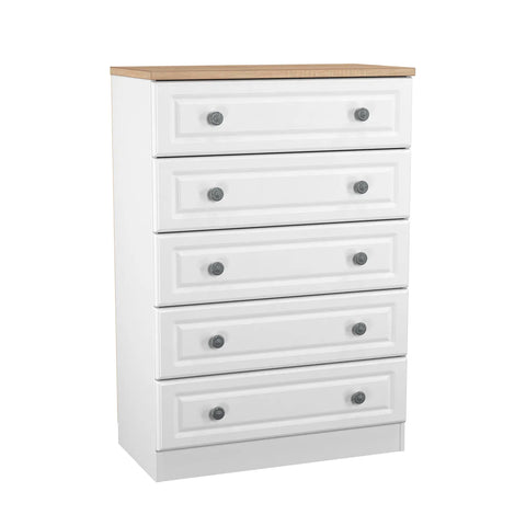 Norfolk White Ash 5 Drawer Chest, Norfolk is a two colour tone Bedroom Furniture which has Bardilon oak top and painted base. Available in choice of 3 colours White, Kashmir and Grey. Fully Assembled. Quick Delivery - Main