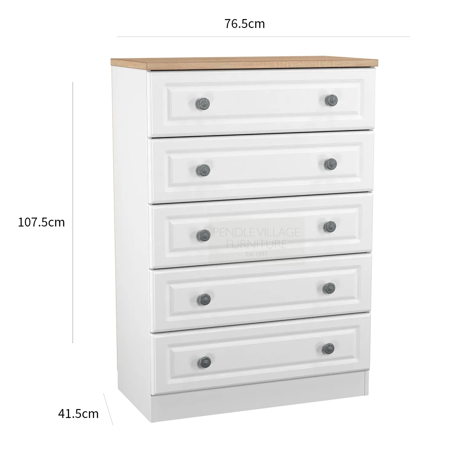 Norfolk White Ash 5 Drawer Chest, Norfolk is a two colour tone Bedroom Furniture which has Bardilon oak top and painted base. Available in choice of 3 colours White, Kashmir and Grey. Fully Assembled. Quick Delivery - Dimensions