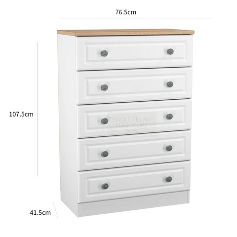 Norfolk White Ash 5 Drawer Chest, Norfolk is a two colour tone Bedroom Furniture which has Bardilon oak top and painted base. Available in choice of 3 colours White, Kashmir and Grey. Fully Assembled. Quick Delivery - Dimensions