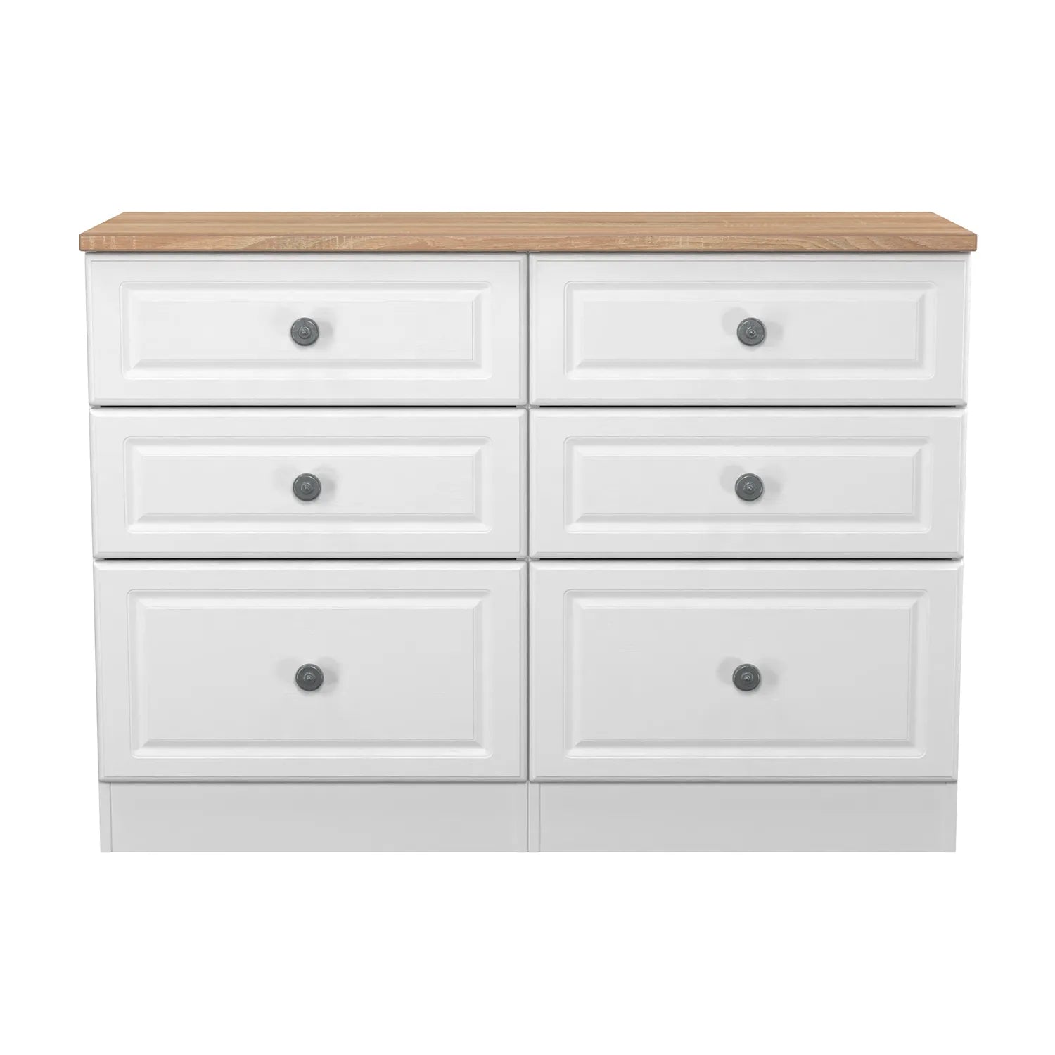 Norfolk White Ash 5 Drawer Chest, Norfolk is a two colour tone Bedroom Furniture which has Bardilon oak top and painted base. Available in choice of 3 colours White, Kashmir and Grey. Fully Assembled. Quick Delivery - Front View