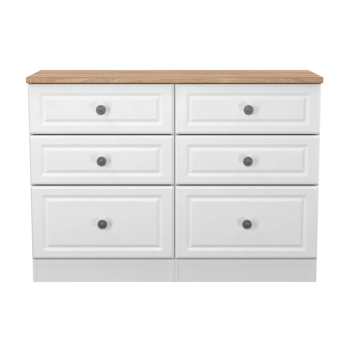 Norfolk White Ash 5 Drawer Chest, Norfolk is a two colour tone Bedroom Furniture which has Bardilon oak top and painted base. Available in choice of 3 colours White, Kashmir and Grey. Fully Assembled. Quick Delivery - Front View
