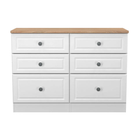 Norfolk White Ash 5 Drawer Chest, Norfolk is a two colour tone Bedroom Furniture which has Bardilon oak top and painted base. Available in choice of 3 colours White, Kashmir and Grey. Fully Assembled. Quick Delivery - Front View