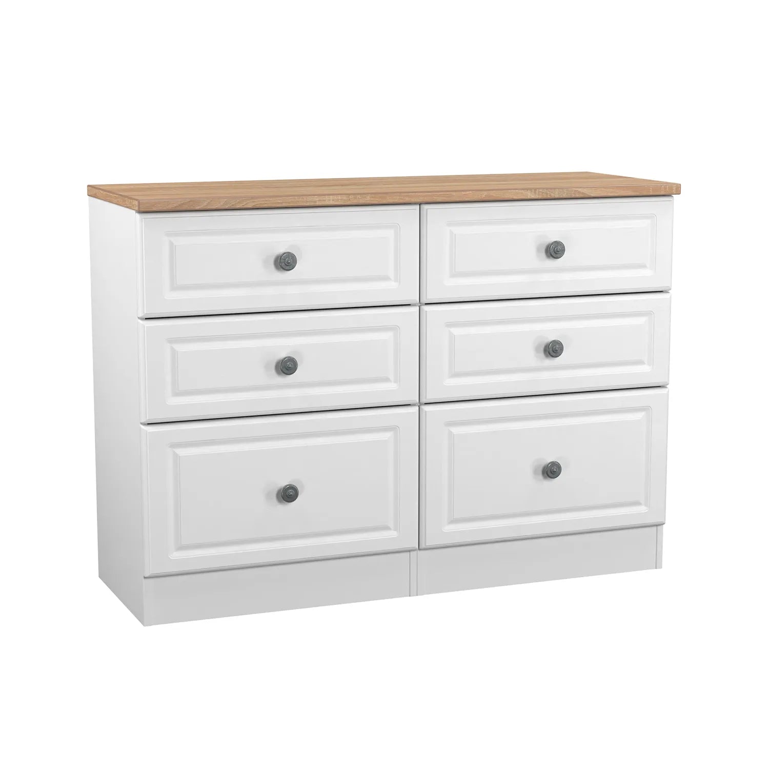 Norfolk White Ash 5 Drawer Chest, Norfolk is a two colour tone Bedroom Furniture which has Bardilon oak top and painted base. Available in choice of 3 colours White, Kashmir and Grey. Fully Assembled. Quick Delivery - Main
